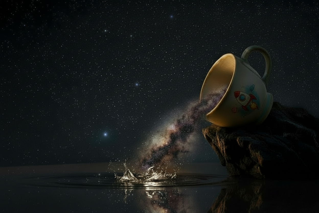 ceramic teacup tipped over on a dark rock, spilling a galaxy-like stream against a starry night sky.