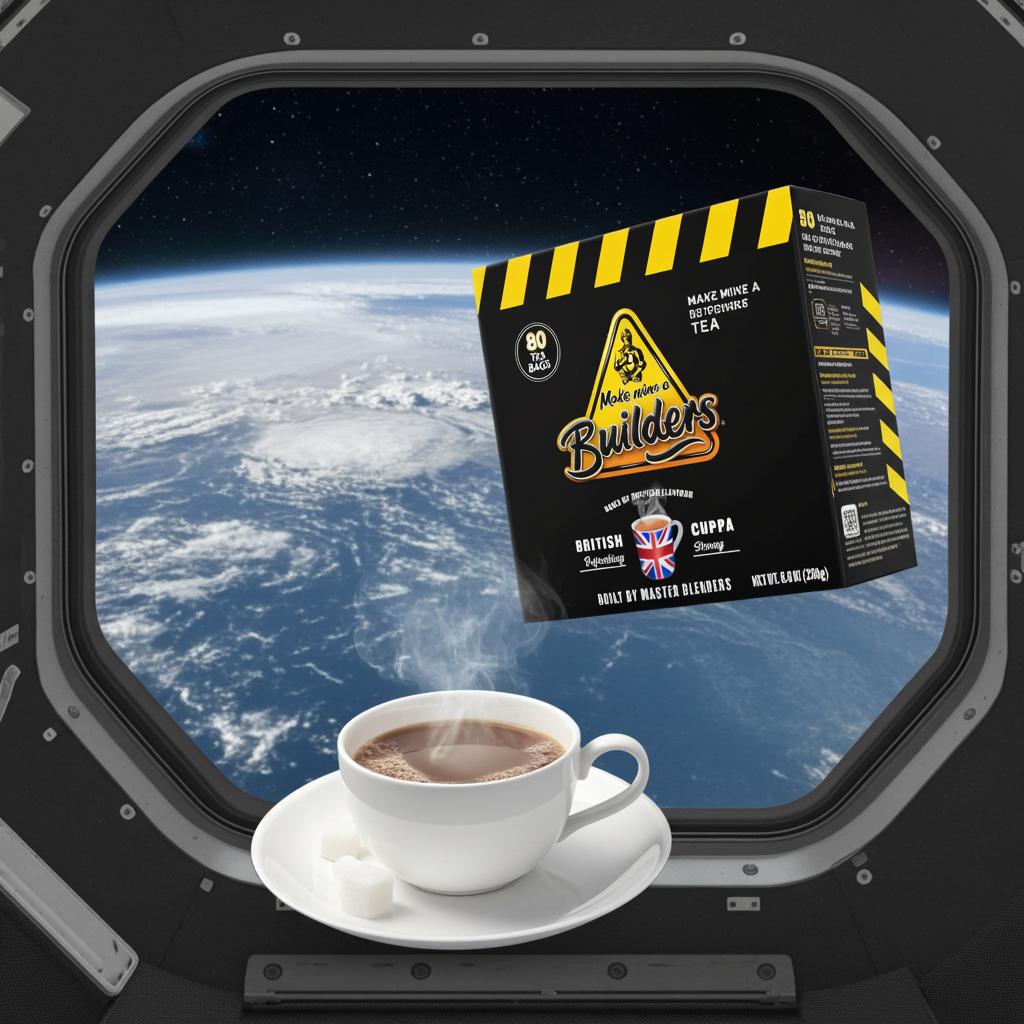 A tea box labeled 'Make mine a Builders' floating in front of a window view of Earth from space, with a white cup of coffee on a saucer below.